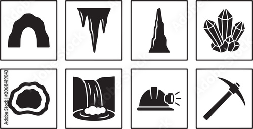 Set of Minimalist Icons Representing Cave Exploration Geology and Mining Equipment for Industrial and Nature Illustrations