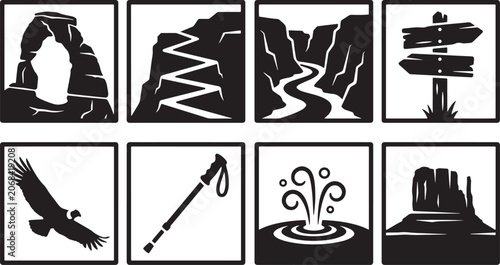 Black and White National Park Hiking and Outdoor Adventure Icon Set