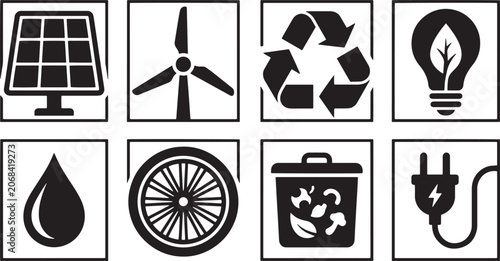 Set of Sustainable Energy and Eco Friendly Icons Featuring Solar Panels Wind Turbines Recycling Symbols and Green Technology Elements