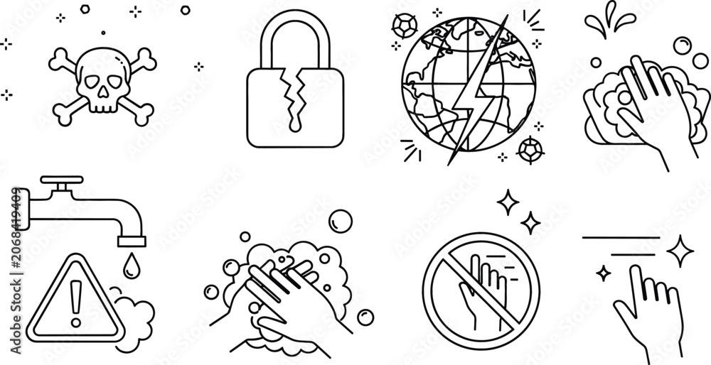 Fototapeta premium Hygiene and safety vector icon set with skull crossbones broken padlock global crisis water faucet warning washing hands