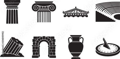 Set of Ancient Greek and Roman Architecture and Artifacts Black Silhouette Icons Collection