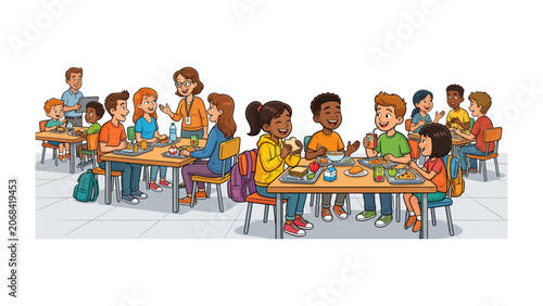 Tableau sur toile School Cafeteria Scene: A vibrant illustration depicts children of various backgrounds enjoying lunch together in a bustling school cafeteria, with teachers supervising the mealtime activities