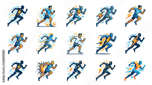 Foto Stylized running icons with lightning bolts and motion trails.