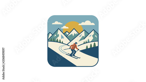 Foto Stylized skier descending snowy mountain slope under sunny sky.