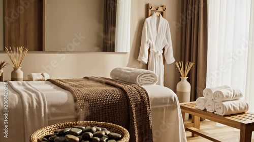 Modern spa interior with massage table, white linens, brown textured throw, basket of smooth hot stones, rolled white towels on a wooden bench, and reed diffusers in soft natural light.