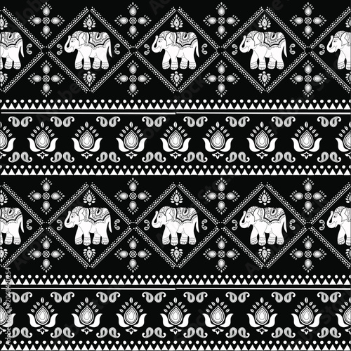Seamless Black and White Elephant Fabric Pattern with Ornamental Details for Textile and Wallpaper Design