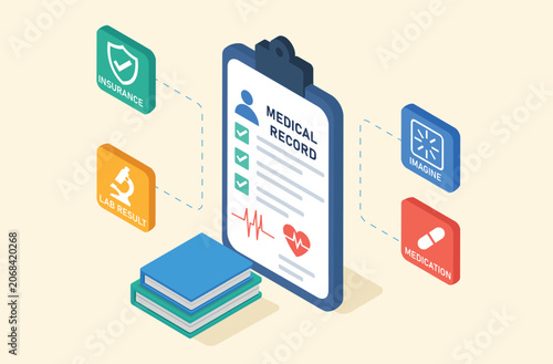 Digital Medical Record Concept with Icons Representing Insurance, Lab Results, Imaging, and Medication on a Clipboard