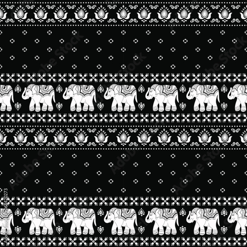 Intricate Black and White Elephant and Floral Fabric Pattern for Textile and Wallpaper Design