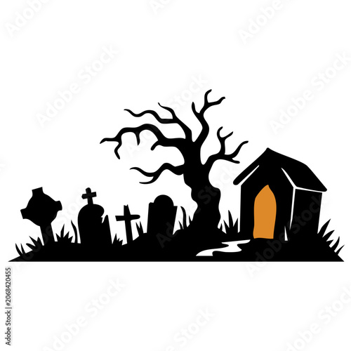 Fotografía spooky cemetery graveyard with small crypt on halloween day