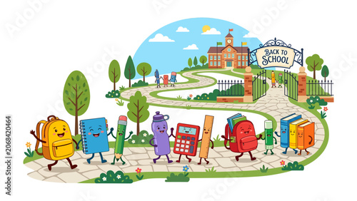 Tableau sur toile Back To School Parade: A whimsical procession of anthropomorphic school supplies, including backpacks, notebooks, and calculators, march joyfully towards an inviting school building