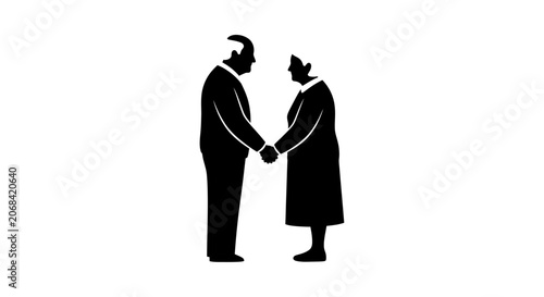 Photos Elderly couple stands together holding hands in a simple black silhouette illustration representing long-lasting love, companionship, and a lifetime of shared memories on a clean white background