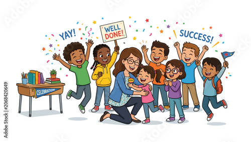 Slika na platnu Triumph in the Classroom: A heartwarming scene unfolds as a teacher celebrates with her excited students, adorned with confetti and exclamations of Yay!, Well Done!, and Success!