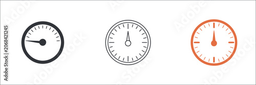 Pressure gauge icons, three black and orange measurement symbols, industrial monitoring equipment graphics, meter dial illustrations, engineering and mechanical control concept isolated on white backg