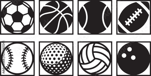 Set of Black and White Icons Featuring Various Popular Sports Balls Including Soccer Basketball and Baseball for Athletic Design
