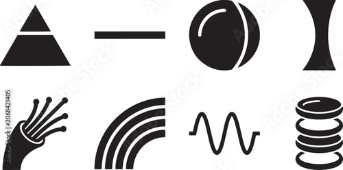 Abstract Geometric Shapes and Scientific Symbols Representing Optics and Physics Concepts