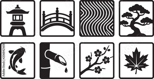 Collection of minimalist Japanese culture and nature icons featuring zen gardens, bonsai, and traditional architecture