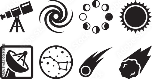 Diverse collection of astronomy and space icons featuring celestial bodies, observation tools, and cosmic phenomena vector illustrations for scientific projects