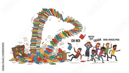 Fotografie Book Avalanche: A whirlwind of books descends in a chaotic cascade, with startled people fleeing a paper tsunami and a toppled bookshelf