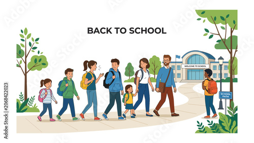Fotografija Back To School Scene: A diverse group of children and adults, some with backpacks, walk towards a school building, symbolizing the beginning of a new academic year and the excitement of learning