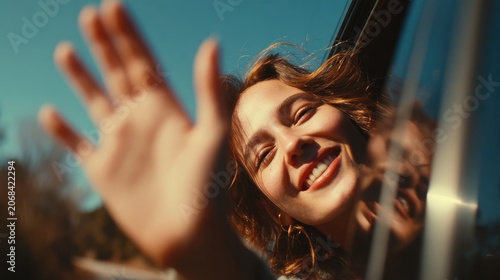 Happy young woman leaning out of a car window and waving her hand. Concept of summer road trip, travel freedom and joy during sunset.