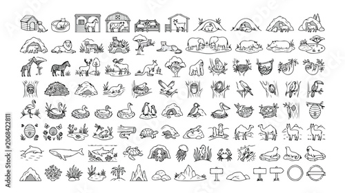 Schilderij op canvas 手描き風の動物、自然、家畜のアイコンセット。牧場、野生動物、海洋生物、昆虫、植物、風景、建物を含む多様なコレクション。教育、ウェブデザイン、グラフィック素材に最