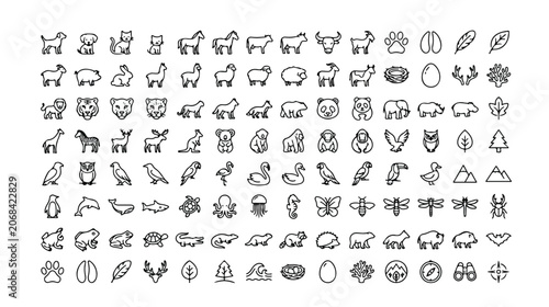 Canvastavla 動物のアイコンセット、ベクターイラスト。野生動物、家畜、鳥、海洋生物、昆虫など、自然界の多様な生物を表現したミニマルな線画アイコンコレクション。ウェブサイトやア