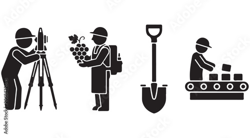 Tableau sur toile Industrial and agricultural labor icons set with surveyor tripod grape harvester