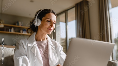 Mature female doctor in white coat and headphones looking at laptop screen during online medical consultation. Telemedicine, remote healthcare, and digital diagnostics concept at home.
