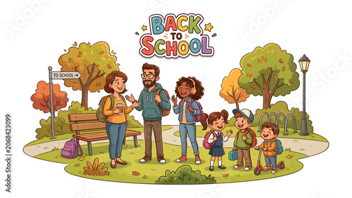 Tableau sur toile Back to School Celebration: A joyful group of diverse children, accompanied by adults, are ready for a new academic year, surrounded by autumnal park scenery