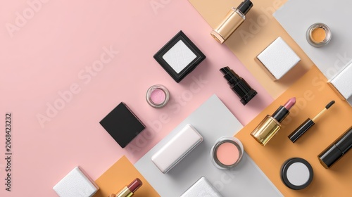 Flat lay of cosmetic products and makeup accessories arranged on a pastel pink and blue background. Beauty, skincare, and fashion concept with blank copy space.