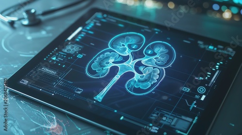 Digital kidney scan on modern tablet device.