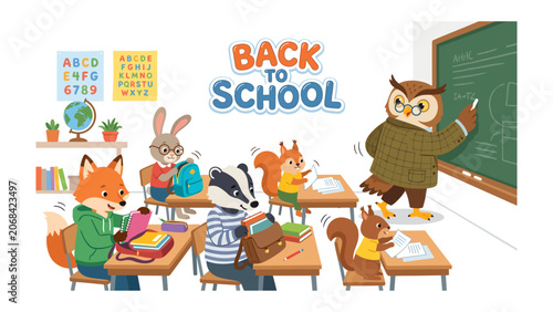 Photos Back to School Animals: A whimsical classroom scene where anthropomorphic animals, including a fox, rabbit, badger, and squirrels, are eagerly returning to school, with an owl as their teacher