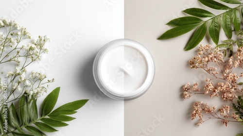 cTwo blank cosmetic glass jars for branding mockup on split white and light blue background. Organic beauty skincare product display with tropical palm leaves and a white flower.