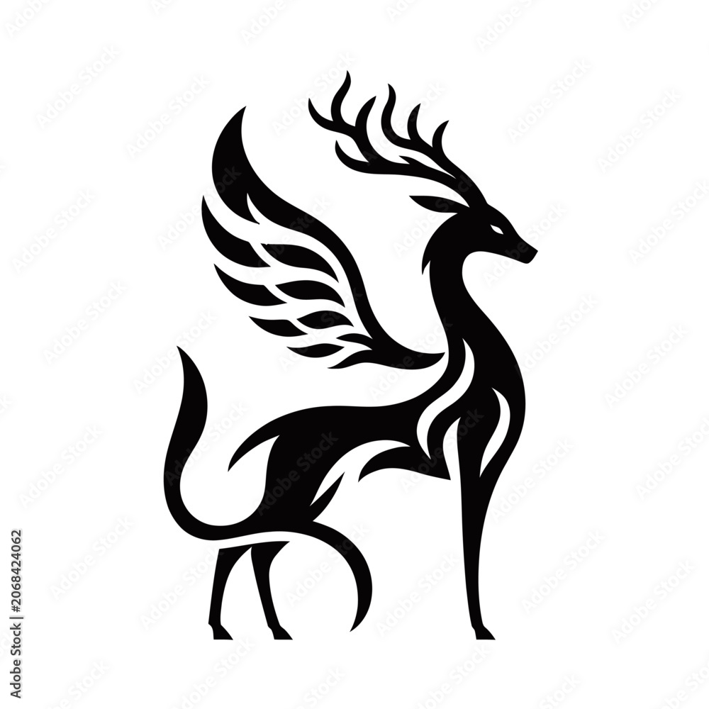 Fototapeta premium A striking black silhouette of a mythical winged deer with ornate antlers and flowing tail, presented against a white background.