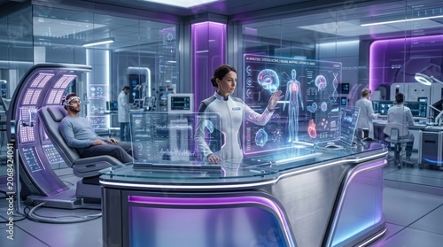 Medical professional examines holographic display with patient in futuristic setting