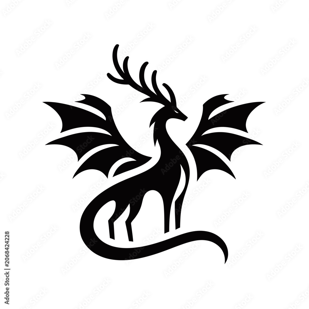 Fototapeta premium A striking black silhouette of a mythical creature, a dragon with antlers and bat-like wings, standing elegantly.