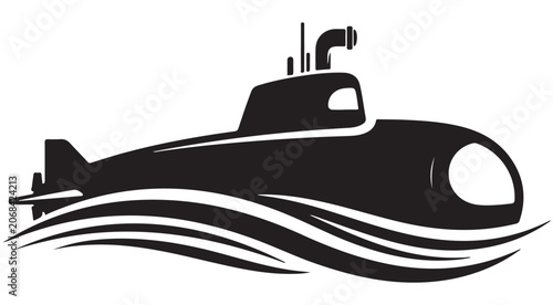 Obraz na plátně Submarine silhouette vector icon with periscope and stylized ocean waves for nau