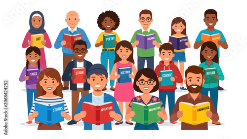 Fotografie A Multitude of Minds: Diverse individuals from all walks of life gather together, each engrossed in their chosen book, fostering a sense of community and shared passion for learning