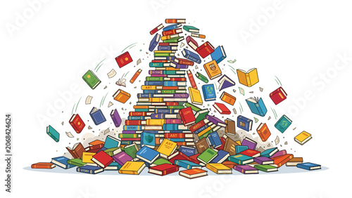 Cuadro en lienzo A Tower of Knowledge Overwhelmed: An avalanche of colorful books tumbles down, forming a chaotic yet intriguing mountain of literature