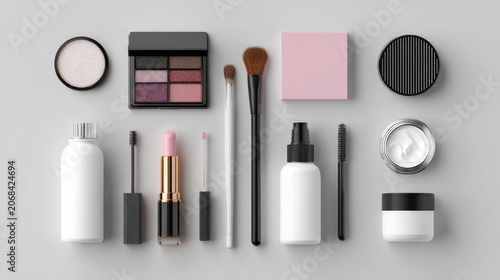 Minimalist flat lay composition of various cosmetic and makeup products neatly arranged on a beige tiled surface. The collection includes eyeshadow palettes, lipsticks, foundations, creams, beauty ble
