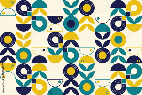 Colorful mid-century modern geometric pattern featuring abstract circles, arches, petals, and semicircles in teal, mustard yellow, and navy on a cream background.