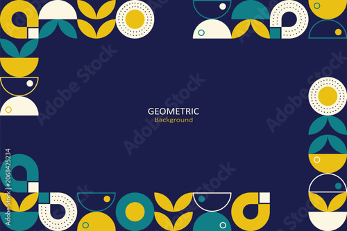 Modern geometric background with abstract retro shapes in teal, mustard yellow, and beige, arranged along the side with spacious copy space on a navy backdrop.