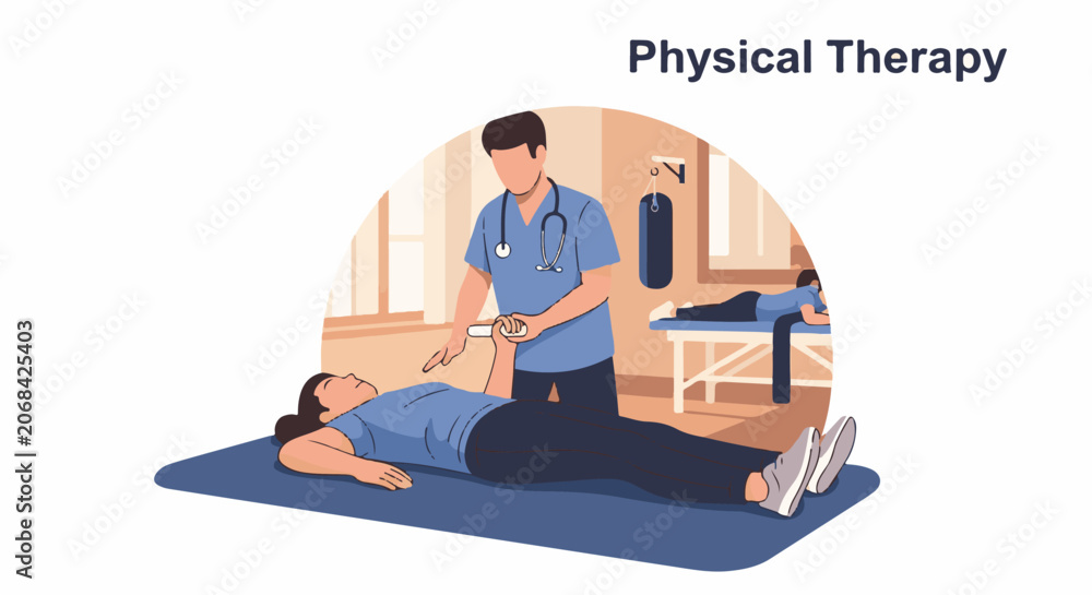 Obraz premium A physical therapist guides a patient through leg exercises on a mat