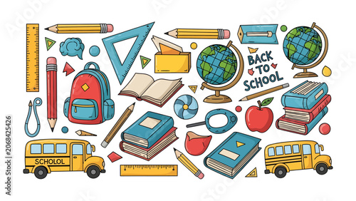 Cuadro en lienzo School Supplies Collection: A vibrant and colorful assortment of educational tools, including globes, books, pencils, rulers, and backpacks, arranged in a playful and organized manner