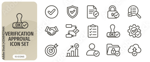 Cuadro en lienzo Verification and approval icon set line icons for quality control, certified doc