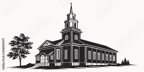 Quadro su tela Black and white graphic illustration of a classic country church with steeple ar