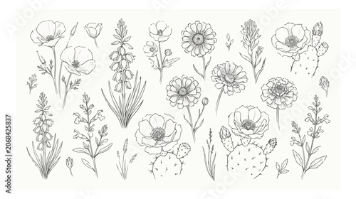 Vintage wildflower line art collection, hand drawn botanical sketches of desert flora and cactus, minimalist floral vector set for wedding stationery