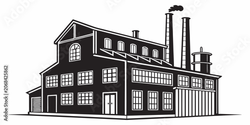 Foto Industrial factory building silhouette with smokestacks and smoke emissions indu