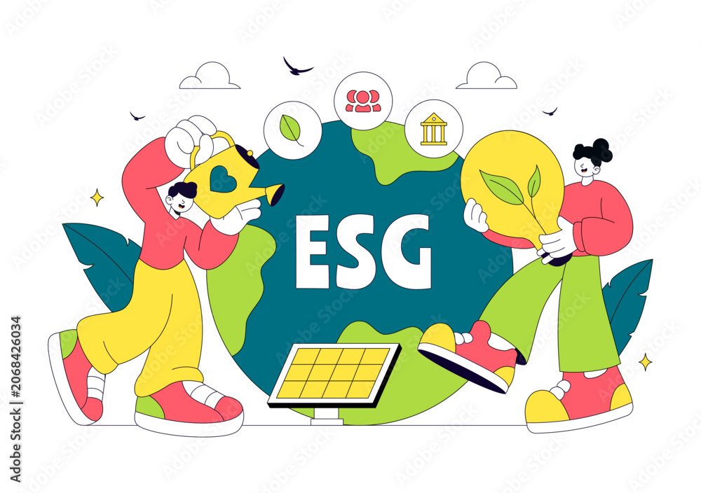 Fototapeta premium Environmental Social Governance Vector Illustration Featuring ESG Reporting, Sustainable Business Practices, Renewable Energy, and Green Investment