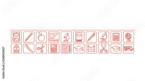 School Supply Icons: A collection of educational icons including a backpack, pencil, apple, ruler, microscope, notebook, calculator, graduation cap, and scissors.